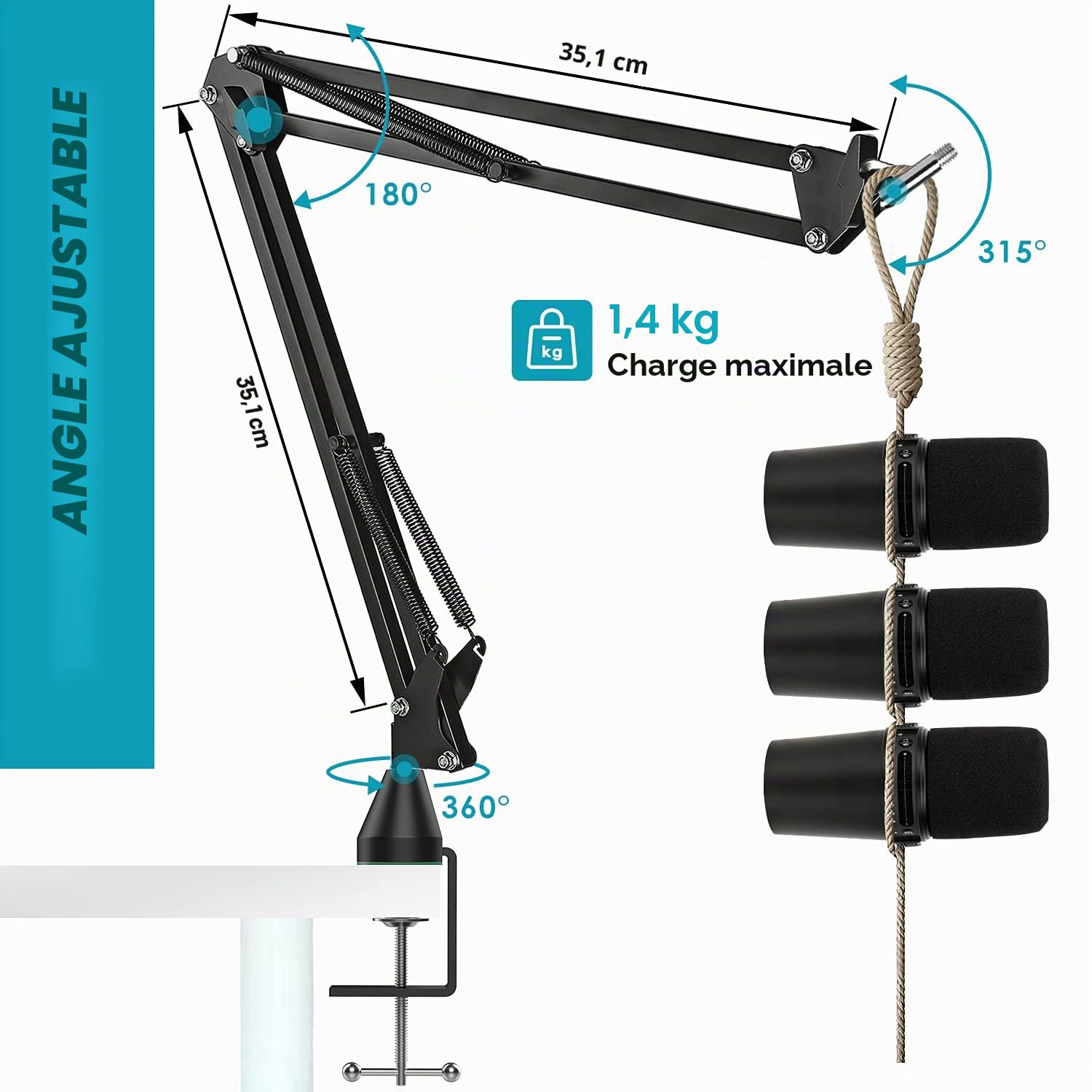 Shure MV7/MV7+ Bras Micro avec Bonnette Mousse, Support Micro Robuste Filtre Anti-Pop, Pied Pince Perche pour MV7X