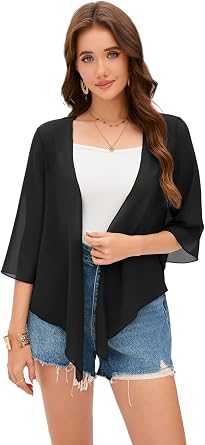 Womens Sheer Shrug Tie Front 3/4 Bell Sleeve Crop Cardigan for Dress Lightweight Summer Chiffon Cover Up