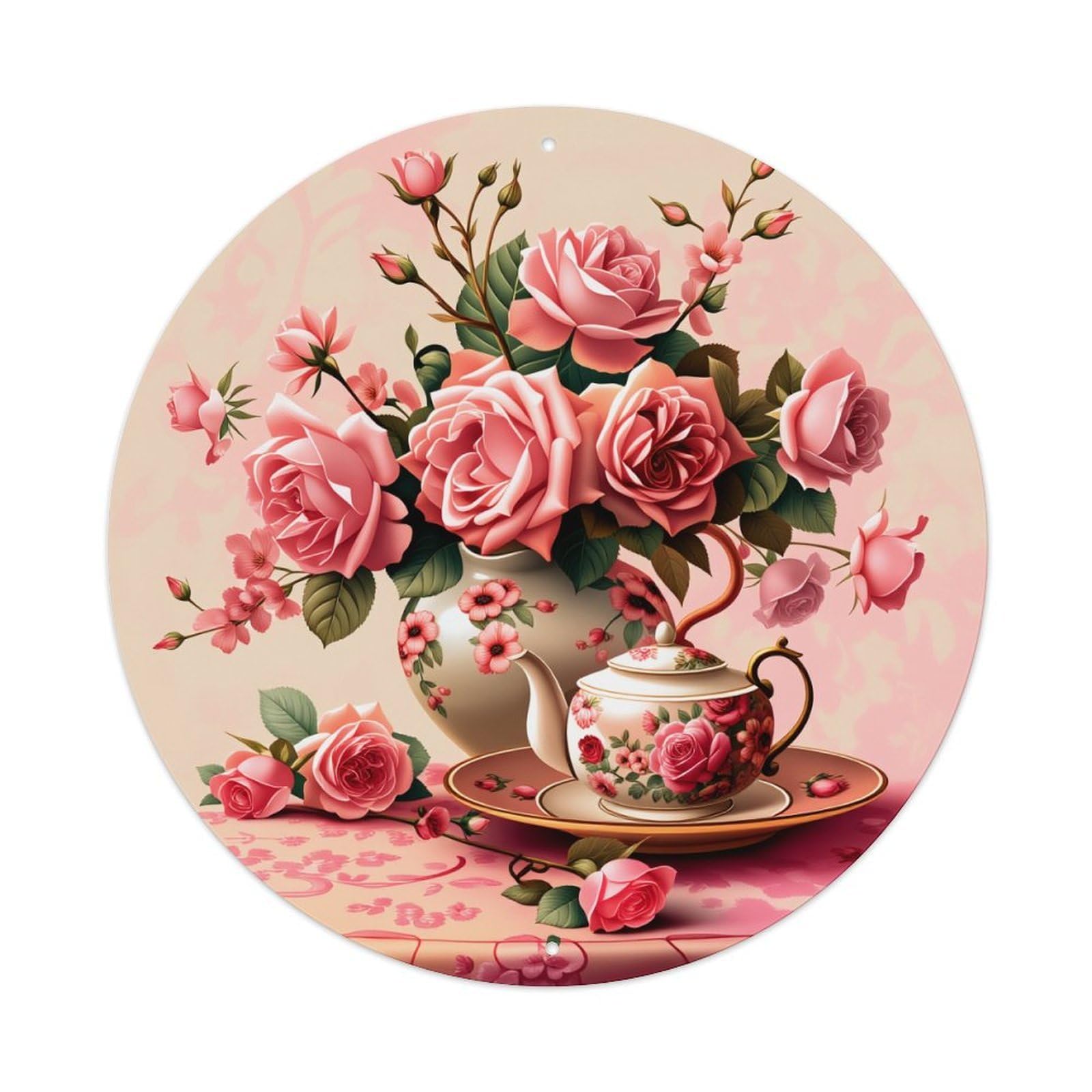 Pink Roses Teapot Vase Pattern Round Tin Sign Vintage Style Metal Sign Home Bar Garden Wall Plaque Decor Metal Poster 8x8 Inch