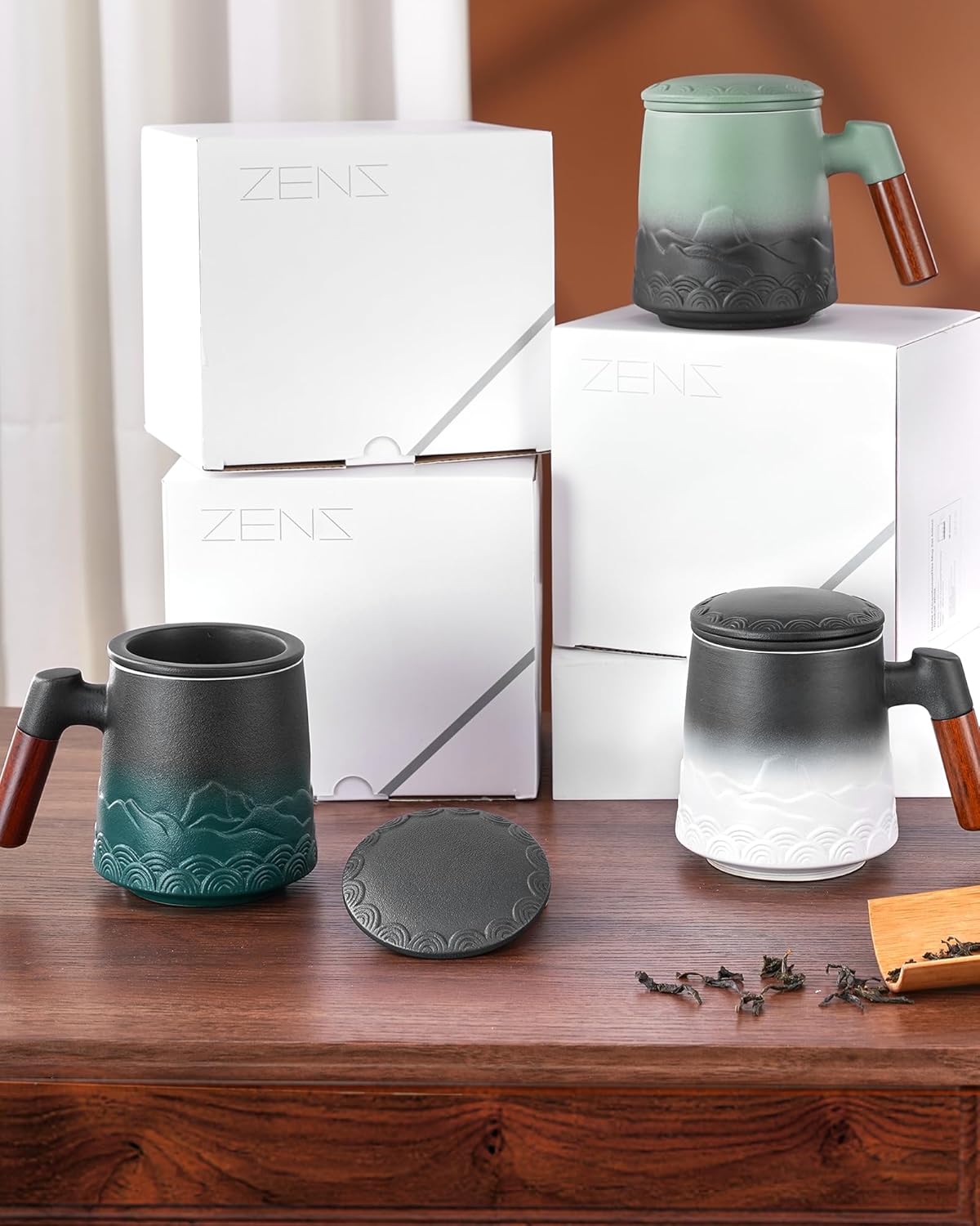 ZENS Tea Mug with Infuser and Lid for Loose Leaf Tea Steeper, 16.9oz Embossed Ceramic Tea Cup with Fine Strainers, Wood Handle Large Diffusers Mugs for Tea Lovers Gifts - Image 8