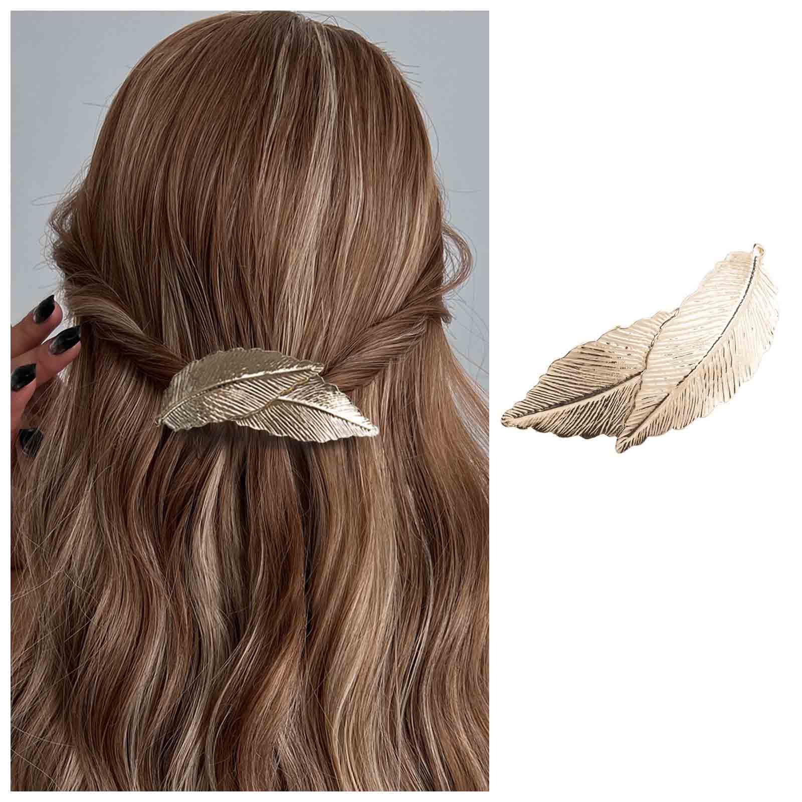 Enautoabs French Metal Hair Barrette Hairclips Gold Large Leaf Hairclip Pin Metal Ponytail Holder Hair Clips Minimalist Barrette Decorative Hair Accessories for Women Headdress(Gold Leaf B)