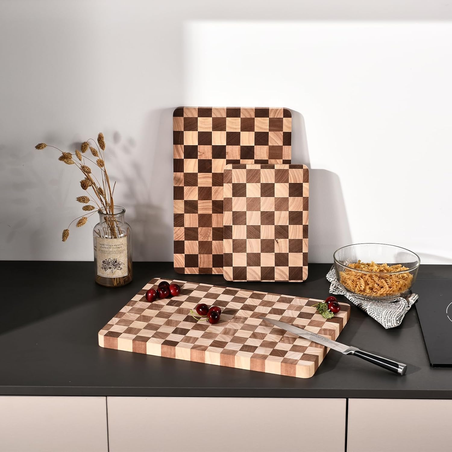 Wood Cutting Board Set for Kitchen, 3-Piece Set Checkered Chopping Board with Juice Groove& Handles Extra Large Thick Wooden Board for Meat Vegetables Fruit Ideal Gift for the Home