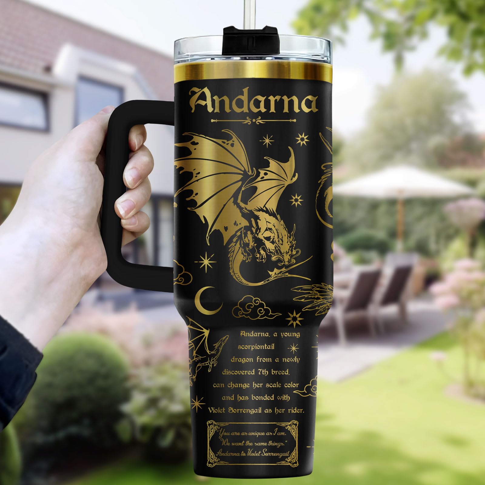 34HD Fantasie-Drachenbecher, 1213 ml, Edelstahlbecher mit Deckel und Strohhalm, flügelinspiriertes Geschenk für Fans und Fantasy-Leser