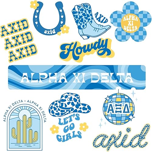Alpha Xi Delta - Hoja de calcomanías de vinilo de diseño occidental con diseños con licencia oficial, adhesivo extraíble, 10 calcomanías por hoja,