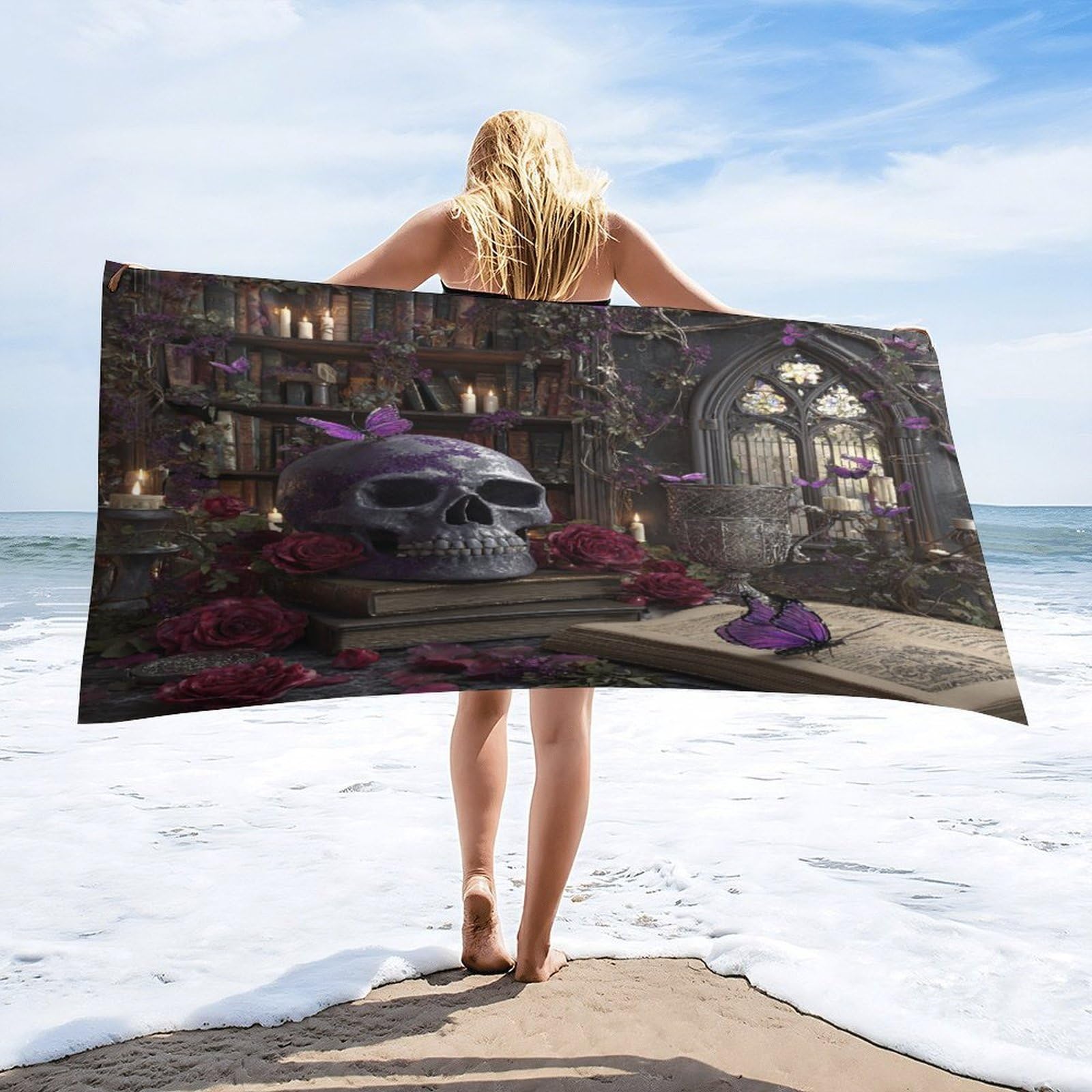 Luyysky Classic Rustic Gothic Bookshelves Quick-Drying Beach Towel, Beautiful Elegant Skull Skeleton Roses Animal Butterflies Travel Vacation Single Sided Pile Bathroom Towels-80 W Cm X 160" L Cm