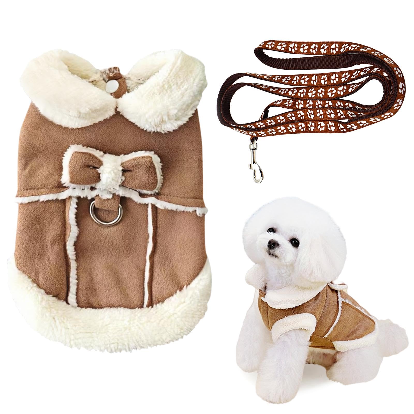 VEHYEGOI 1 Piece Pet Clothing Set, Cute Bow Khaki Coat & Leash, Small (32Cm Chest, 20Cm Back, 23Cm Neck)