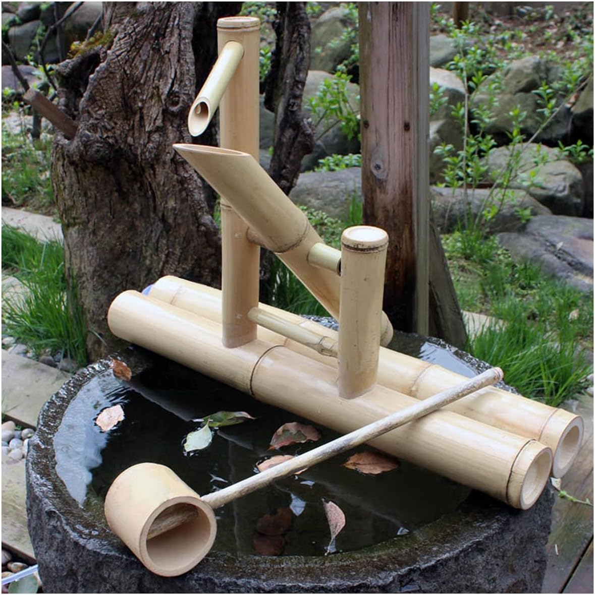 Bamboo Water Fountain with Pump Kit,Water Fountain Outdoor Indoor,Japanese Style Flowing Water Landscape Bamboo Fountain,Handmade