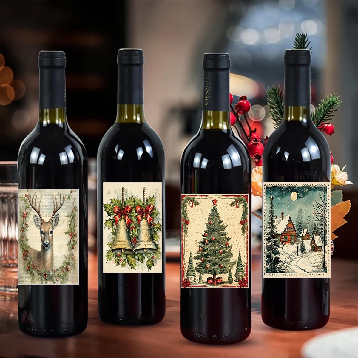 9pcsVintage Christmas Themed Sticker Labels for Winter Holiday Wine Bottle Labels Party Supply Bottle Decoration
