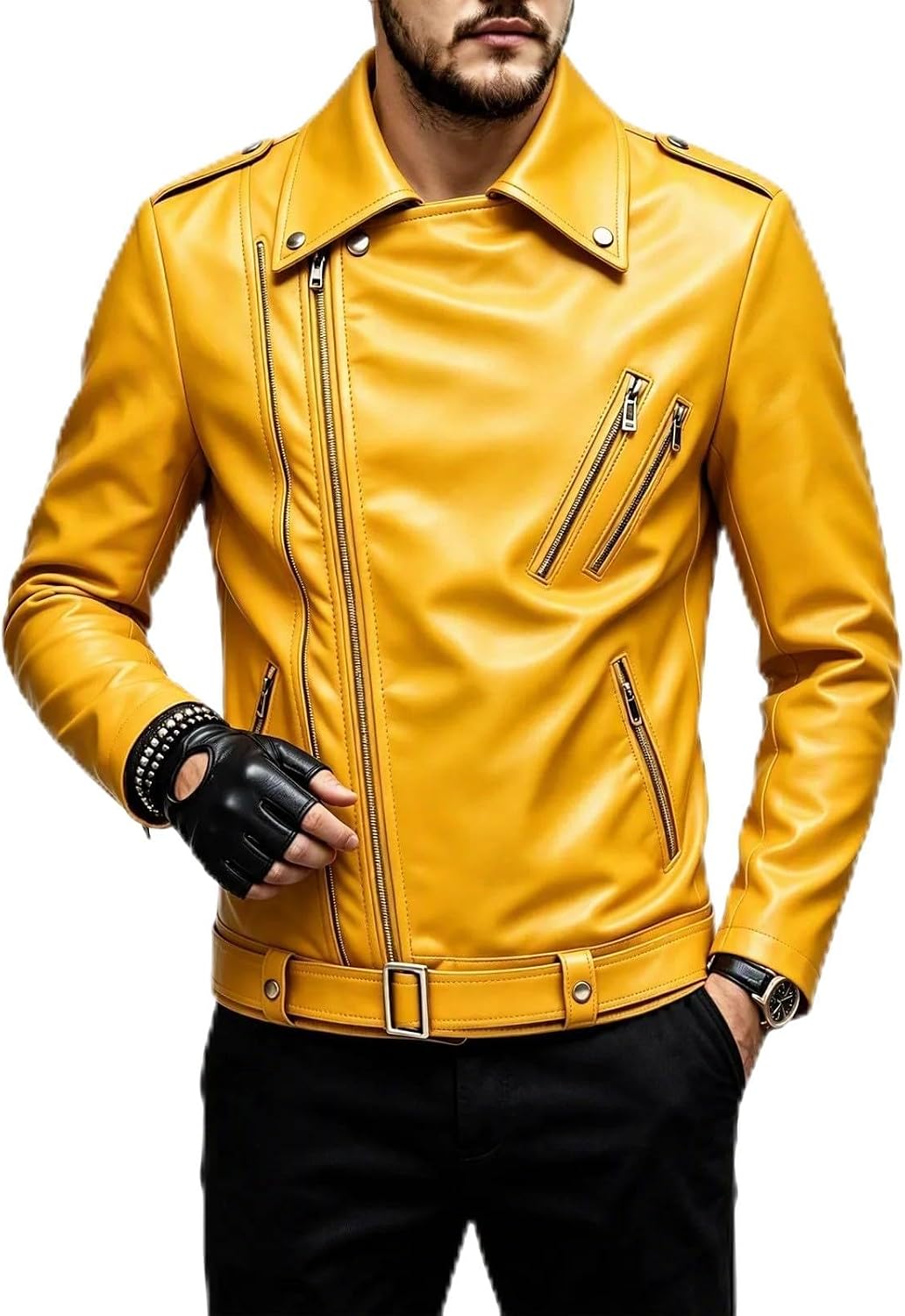 Men's Asymmetric Zip Biker Jacket Belted Slim Fit Classic Moto Coat