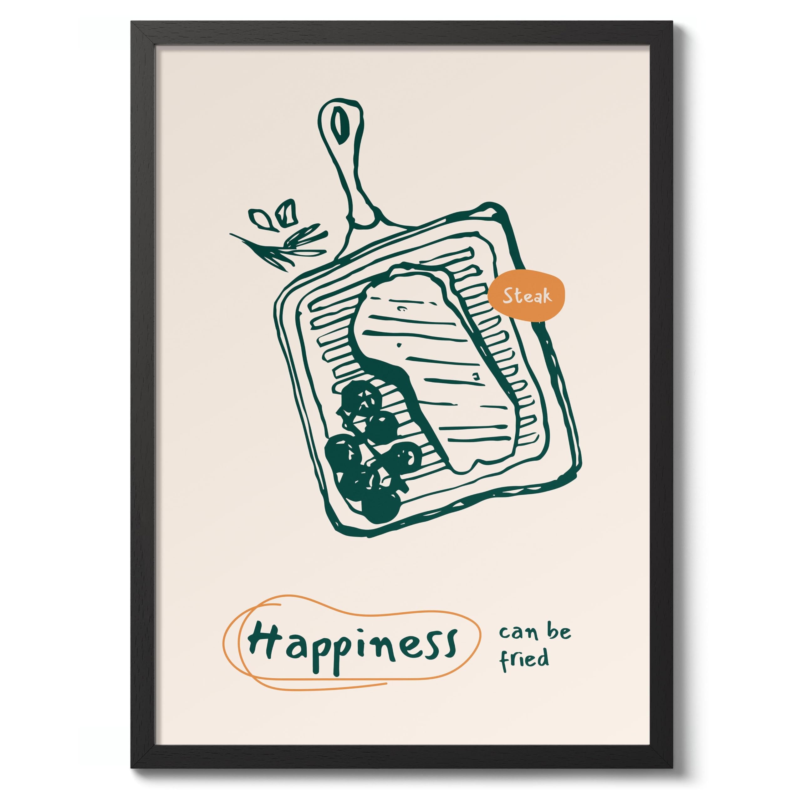 Happiness Kitchen Poster, Cooking Baking Quotes Prints, Kitchen Line Food Illustration Wall Art, Funny Humour Quotes Home Decor, Archival Matte, A2 (Black Frame) - 59.4x42cm โ image 1