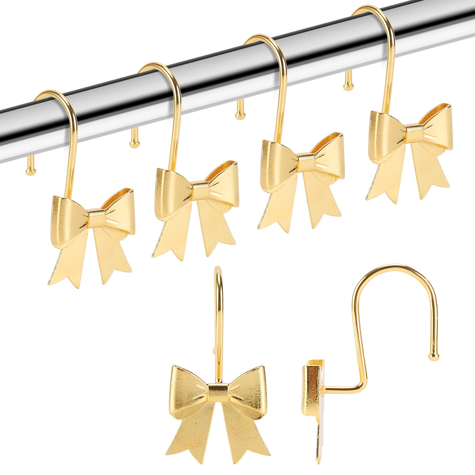YanKiTour Bow Shower Curtain Hooks, 12 Pack Metal Decorative Rings, Rustproof Bow Knot Design for Bathroom Bedroom Living Room Baby Room Nursery Art Decor (Gold 1)