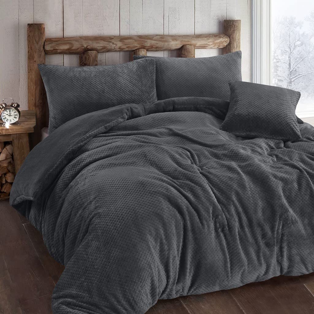 Amberlinnen Ltd Charcoal Waffle Teddy Bear Fleece Duvet Cover Set Soft Cosy Bedding Set (Single: 137 X 200 Cm, )