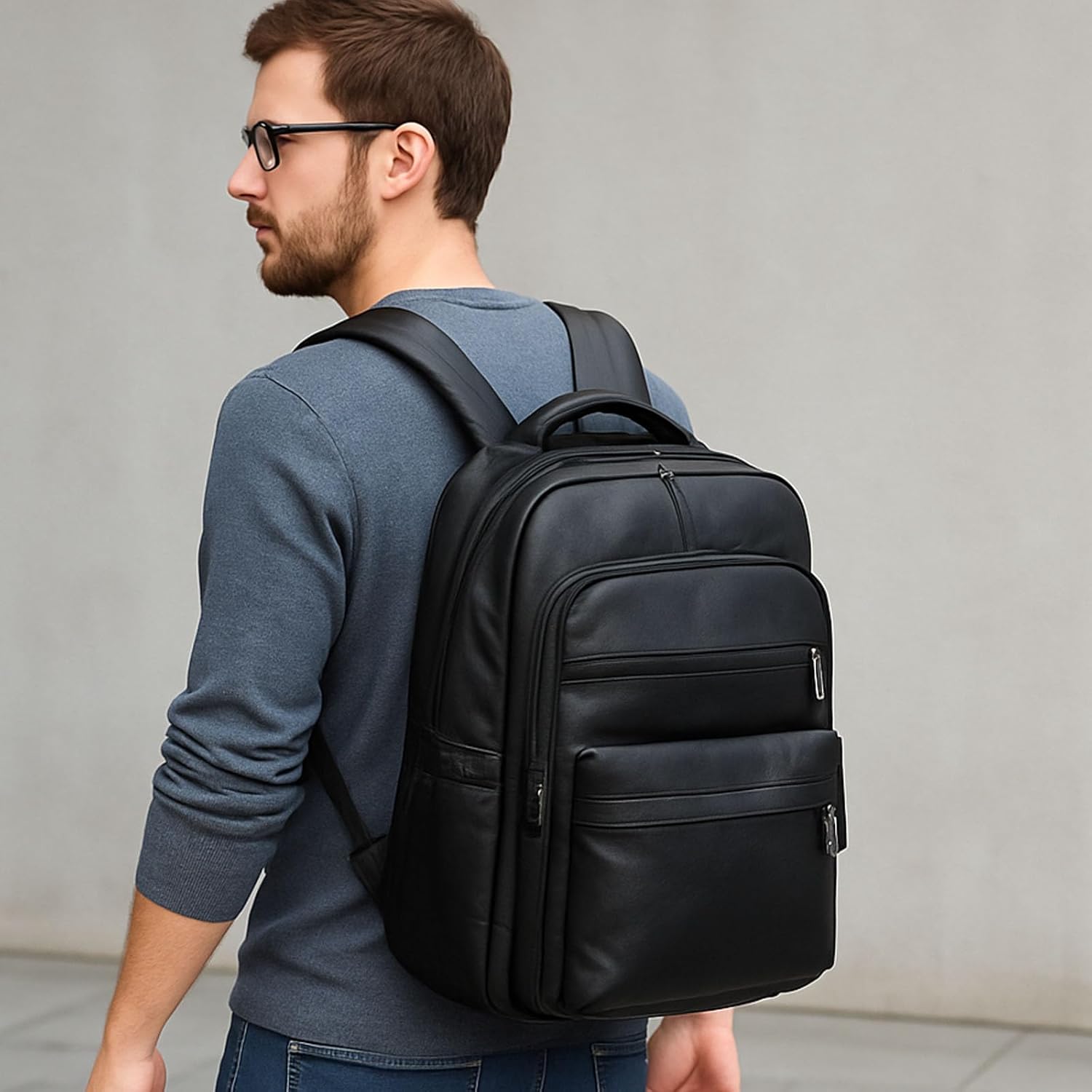 Vintage Leather Backpack for Men 16" Laptop Bag for work Casual Daypack Business Travel Rucksack Waterproof (Deep Black) - Image 6