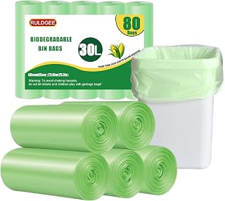 Biologisch abbaubare Müllbeutel, 30 l, kompostierbare Lebensmittelabfallbeutel, 80 Beutel, grüne Müllbeutel, verdickt, recycelt, abbaubar, Müllbeutel für die Küche