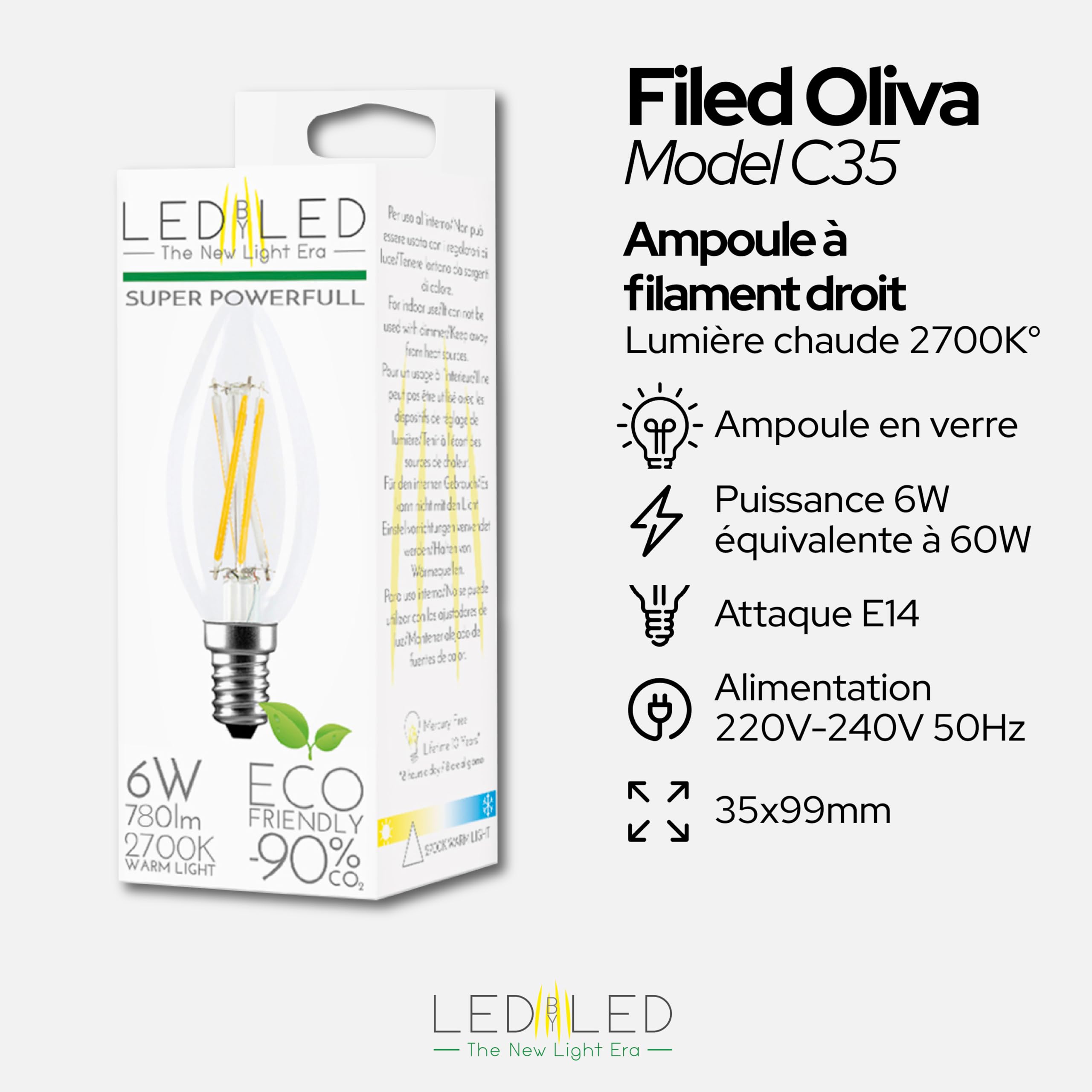 Ampoule Olive 6W Équivalent à 60W, E14, Verre Transparent, 2700K Lumière Chaude, filament LED droit, 780 Lumens, Lot de 10 pièces