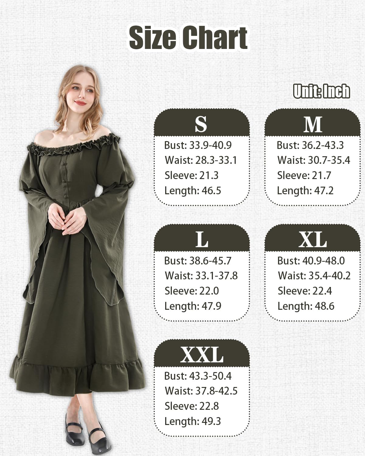 NSPSTT Renaissance Costume Women Victorian Medieval Gothic Dresses Green Long Sleeve Peasant Dress - Image 7