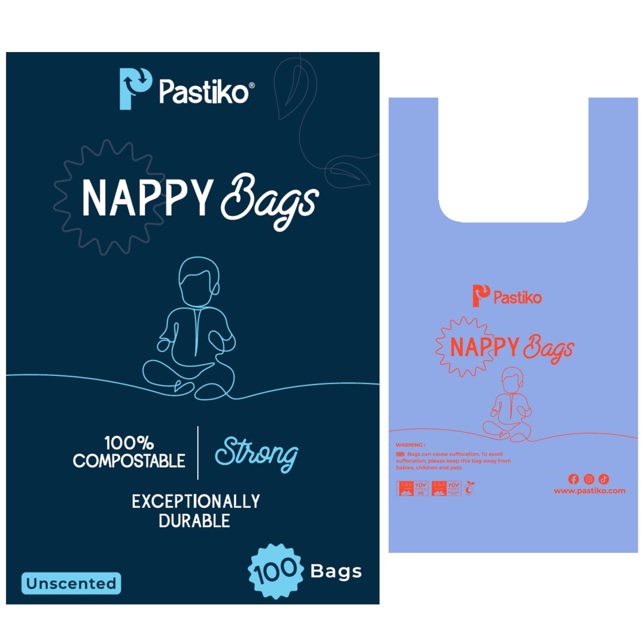 Pastiko Compostable Nappy Bags, Blue, 1 count (Pack of 100)