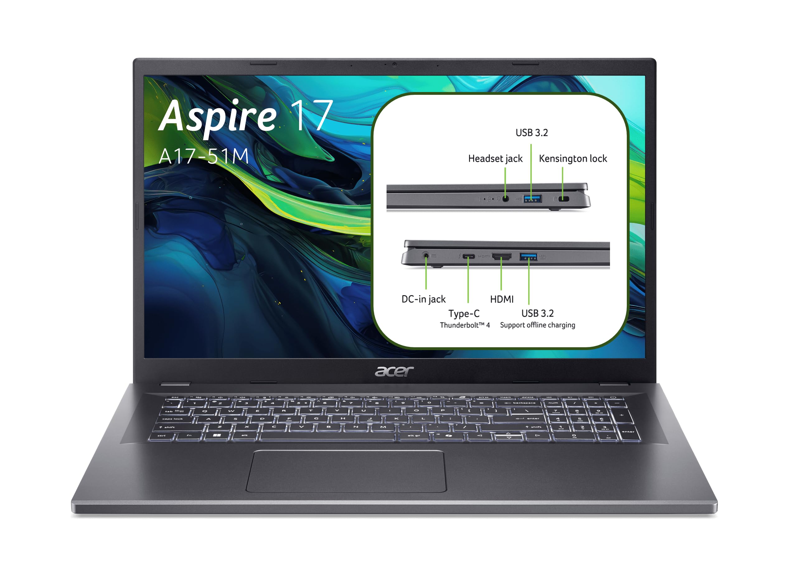 Acer Aspire 17 PC Portable 17.3" FHD 60Hz Intel Core i5-1334U 16 Go RAM 512 Go SSD Intel Iris XE Windows 11 Home Gris Clavier AZERTY A17-51M-54F8