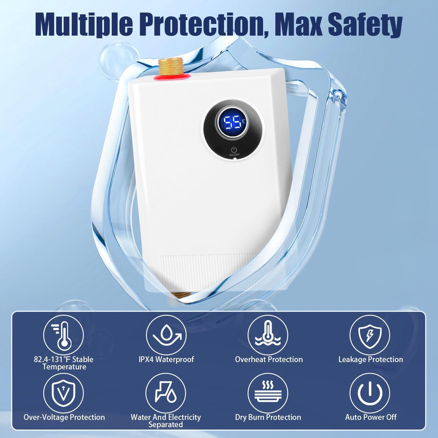 3000W Electric Mini Tankless Water Heater Portable Instant Hot Heaters on Demand with Smart Digital Display Time for Indoor Bathroom Kitchen RVs