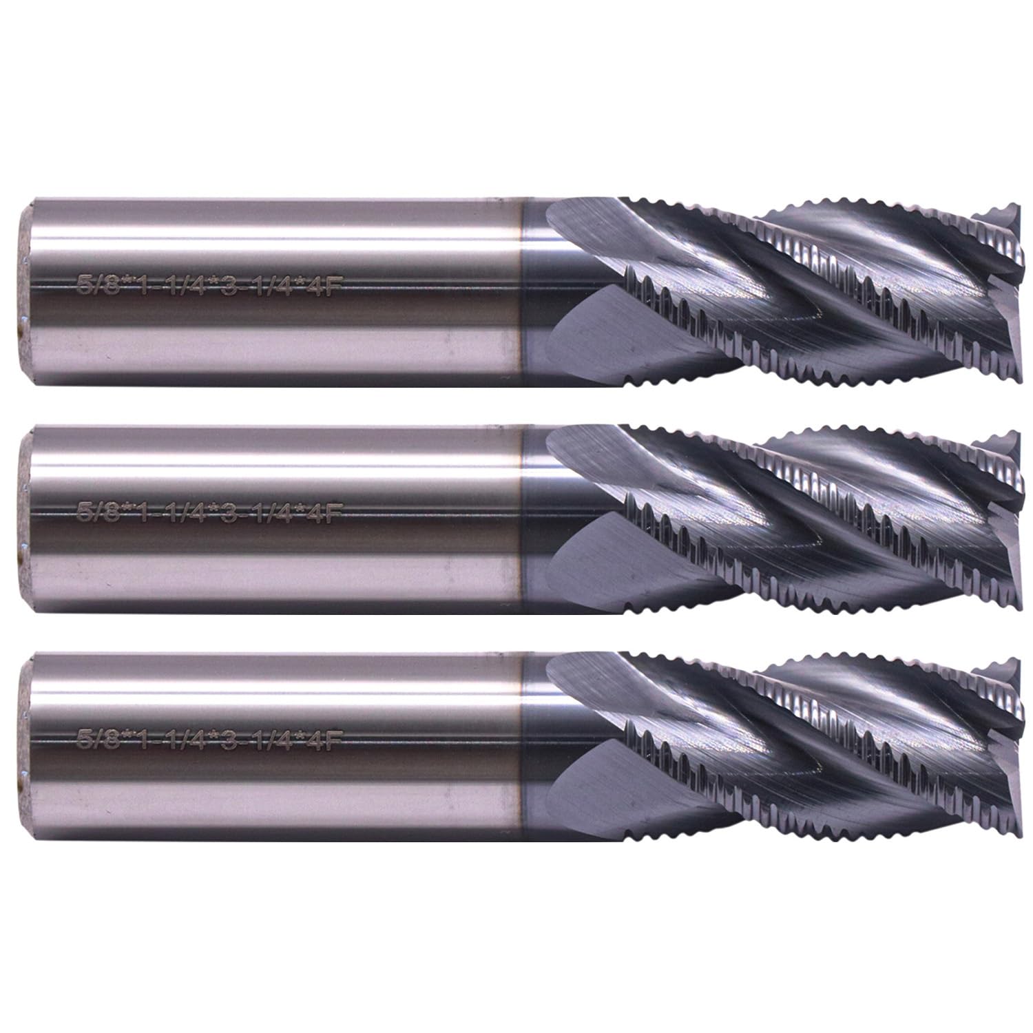 BestParts 3Pcs 5/8" Solid Carbide Roughing End Mills, ALCrSiN Nano Coated, 4 Flute, 35 Degree Helix, 5/8" Cutting Diameter, 5/8 inch Shank Diameter, 1-1/4" Length of Cut, 3-1/4" Overall Length