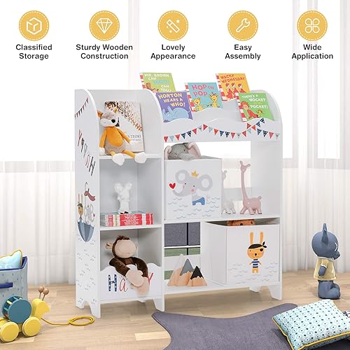 Miniatura 5 de HONEY JOY Organizador de almacenamiento de juguetes para niños, unidad de almacenamiento de madera con 2 cajas, estantería de exhibición para niños