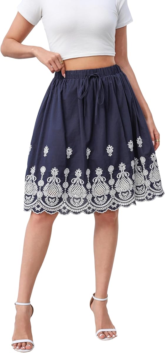 Love Welove Fashion Women's Summer Cotton A-line Flared Embroidered Knee Length with Lining Knee Length Skirt
