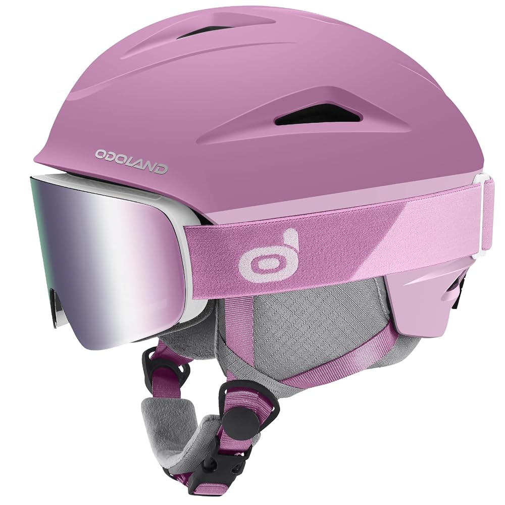 Odoland Ski Helmet, Snowboard Helmet with Ski Goggles for Adults and Youth, Audio Compatible, Shockproof, Windproof, Safety Snow Sports Helmet and Protective Glasses for Women, Light Purple, S