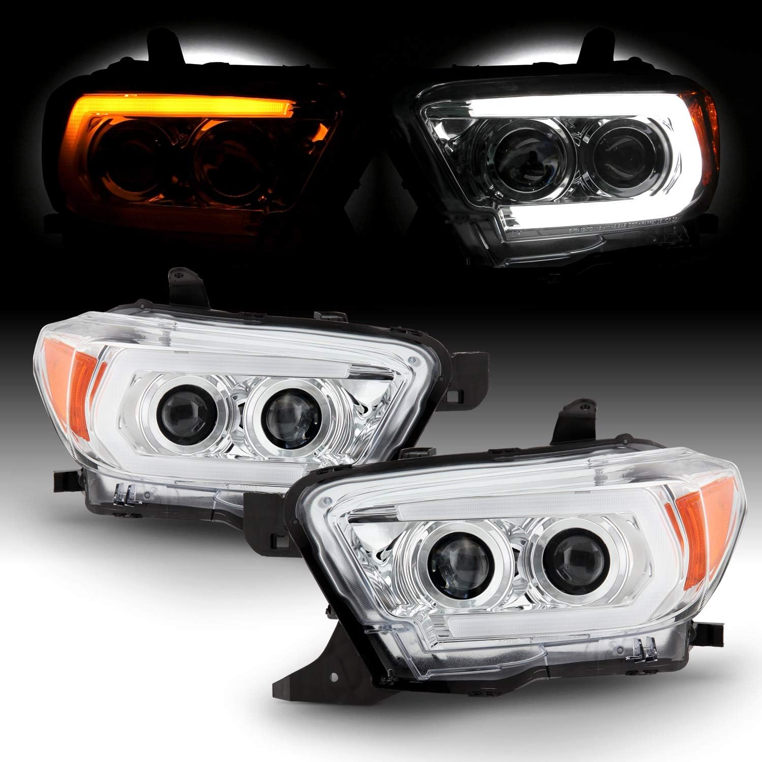 AKKON - Fit 2016-2022 Toyota Tacoma LED Tube Projector Black Headlight w/Sequential Turn Signal Pair Housing