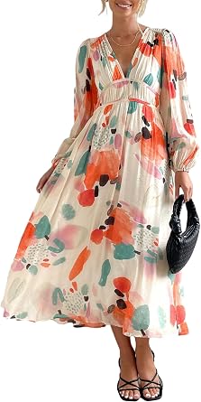 Maxigerui Womens Long Sleeve Floral Maxi Dress 2026 Spring Summer Wedding Guest Dress Red Watercolor L