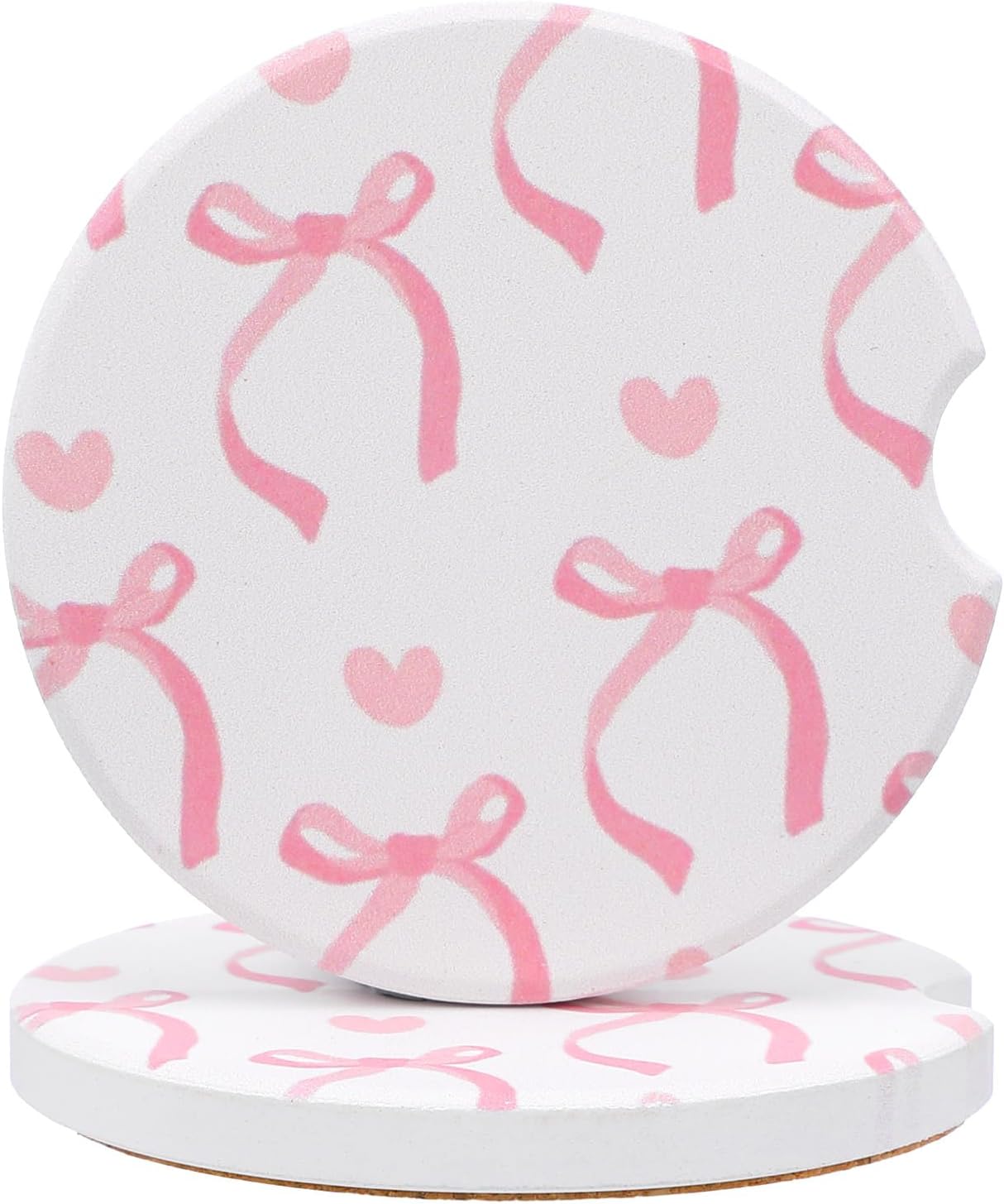 2Pcs Car Coasters for Cup Holders, Pink Absorbent Ceramic Car Cup Coaster Universal Anti Slip Cork Base Cup Coasters with Finger Notch Car Interior Accessories for Women(Bow)