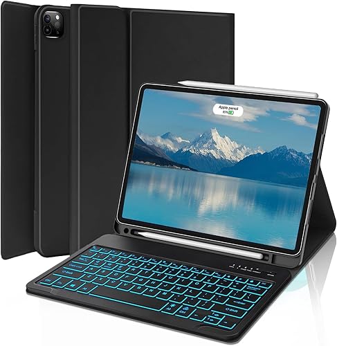 FARYODI Funda para iPad Pro 12.9 con teclado Inalámbrico desmontable, retroiluminación de 7 colores, soporte para lápices, parte trasera de TPU