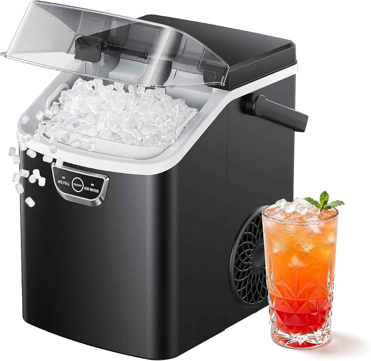 Nugget Ice Maker Countertop with Handle, Ready in 4 Mins, Max 40lbs/24H, Chewable Ice, Self-Cleaning, Portable Sonic Ice Maker with Basket and Scoop, for Home/Party/RV/Camping (Black)