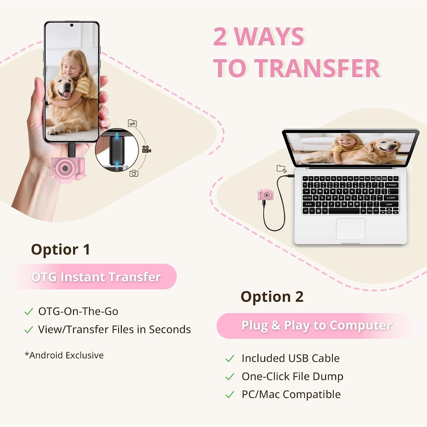 Mini Keychain Camera, 2MP Digital Camera with 1080P HD Video, 5 Filters & Flash, 32GB TF Card & OTG Adapter for Android, Ultra-Portable Pocket-Size Camera Keychain, Travel Gift for Kids (Pink)