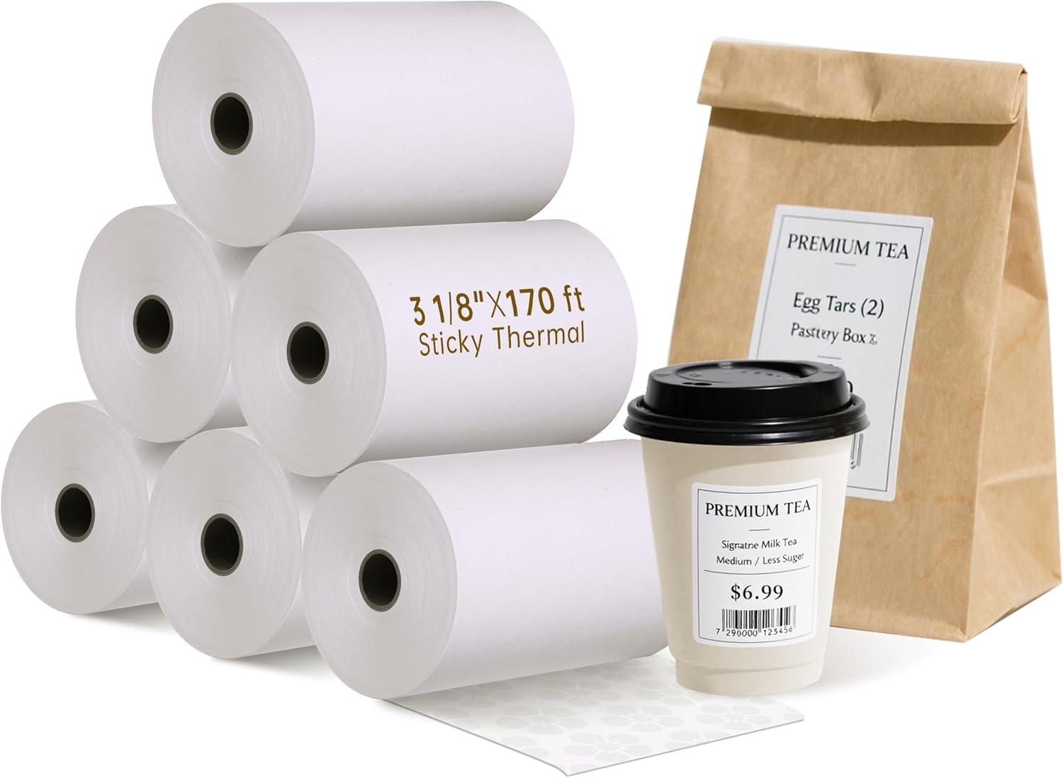 Sticky Thermal Receipt Paper 3 1/8" x 170' | 6 Rolls Linerless Wrinkle-Free Adhesive | For TOAST POS, Epson TM-L90 Sticky Label Paper, Kitchen Order, Delivery & Shipping Labels | Residue-Free
