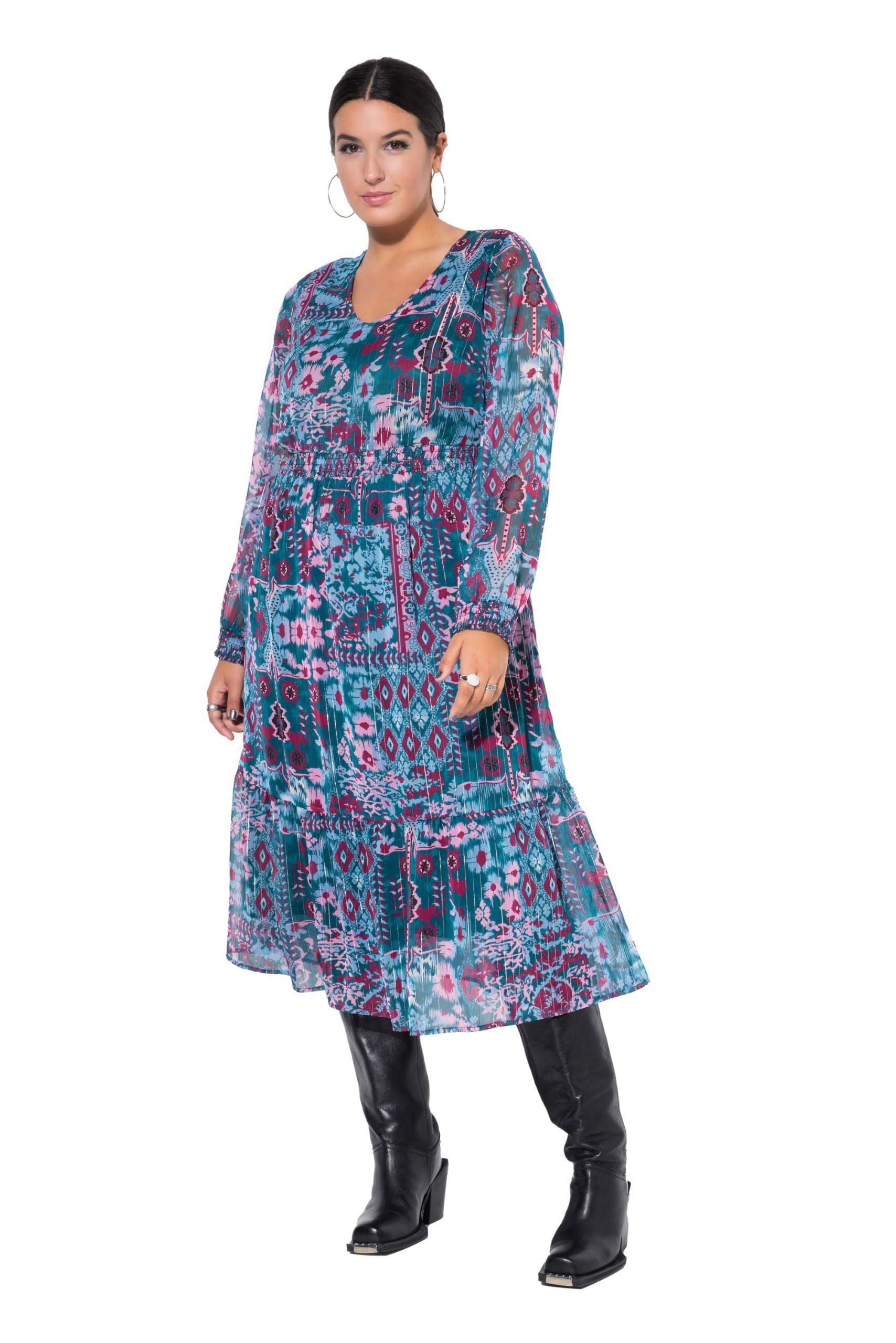 Studio Untold Damen große Größen Übergrößen Plus Size Midikleid, A-Line, doppellagig, floraler Print, Saumvolant 845931