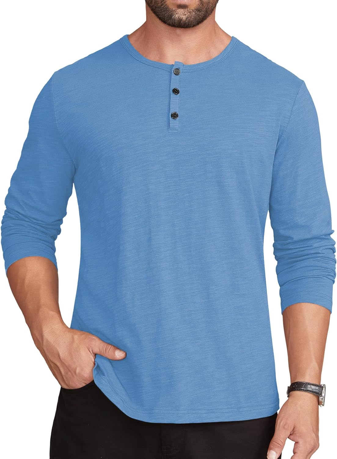 Hardaddy Men's Henley Long Sleeve Shirt Cotton 3-Button Placket Casual Crewneck T-Shirt for Men