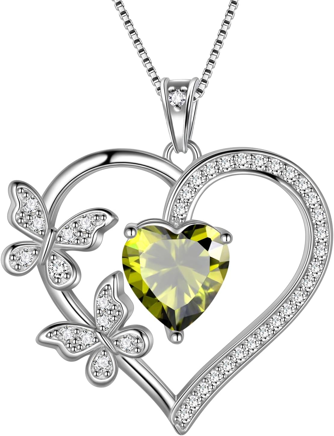 Aurora Tears Heart Butterfly Pendant Necklace - 925 Sterling Silver Birthstone Heart Crystal Necklace Gifts for Women Jewelry Mothers Day Valentines Birthday Gifts for Girls