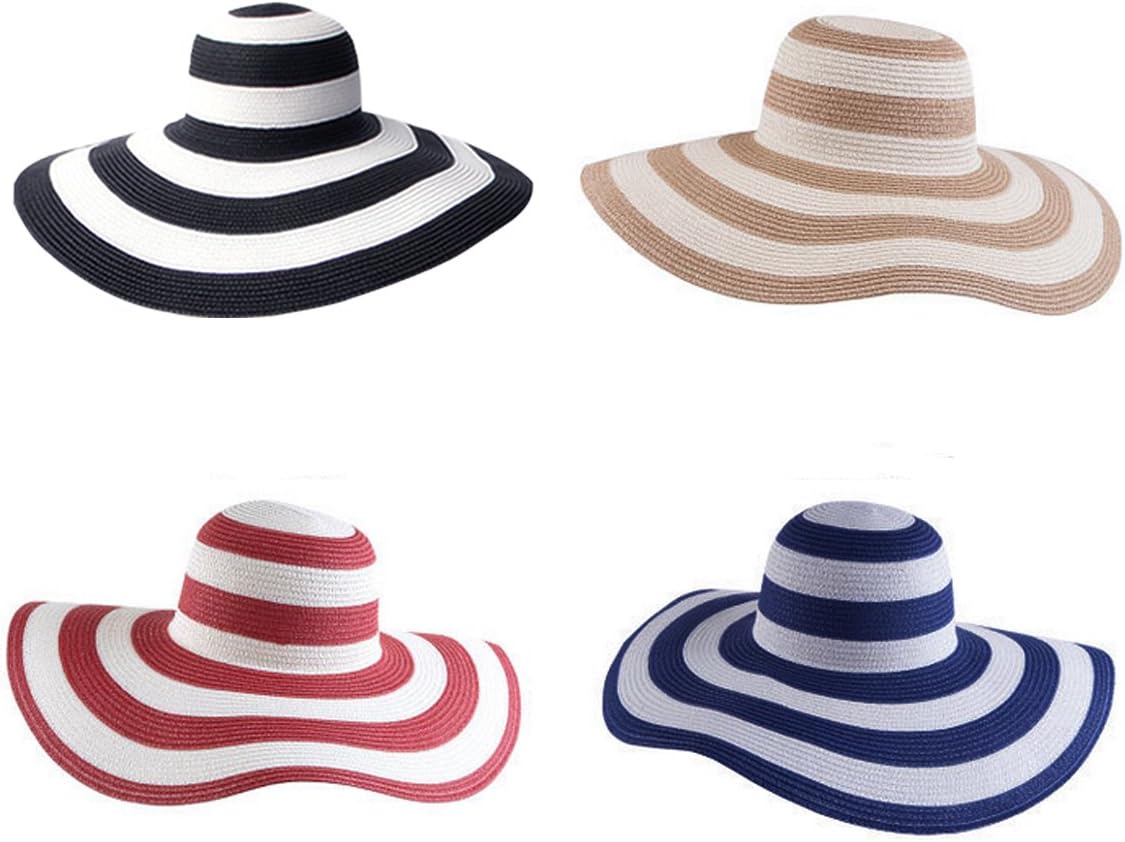 Queena Women Stripe Straw Hat Wide Brim Sun Hat Foldable Summer Beach Caps Gift for Mom Wife Girlfriend
