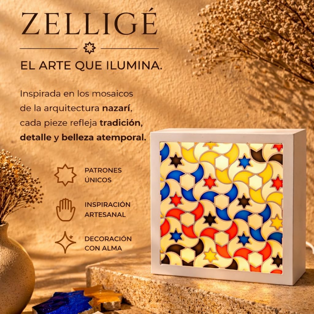 Mad & Cut Lámpara de Mesa Artesanal LED | Decoración Inspirada en la Alhambra Nazarí | Luz Cálida para Mesita de Noche y Salón | Fabricada en España | Diseño Zellige Premium