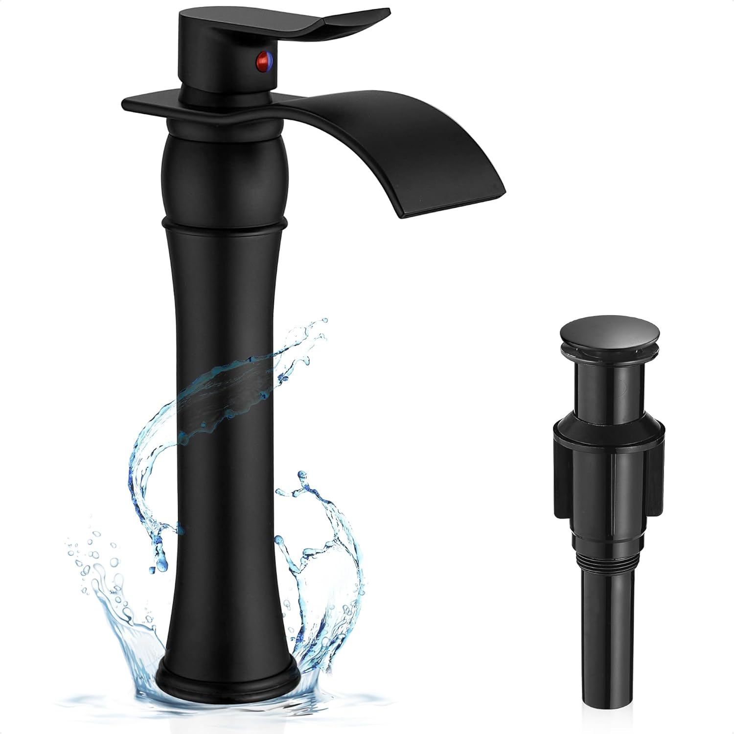 Black Vessel Sink Faucet Single Handle, Brass Bathroom Faucets Waterfall, Modern Bathroom Faucet 1 Hole, Tall Faucet for Bathroom Sink with Curved Spout, Pop-Up Drain, Hoses & Deck Mount