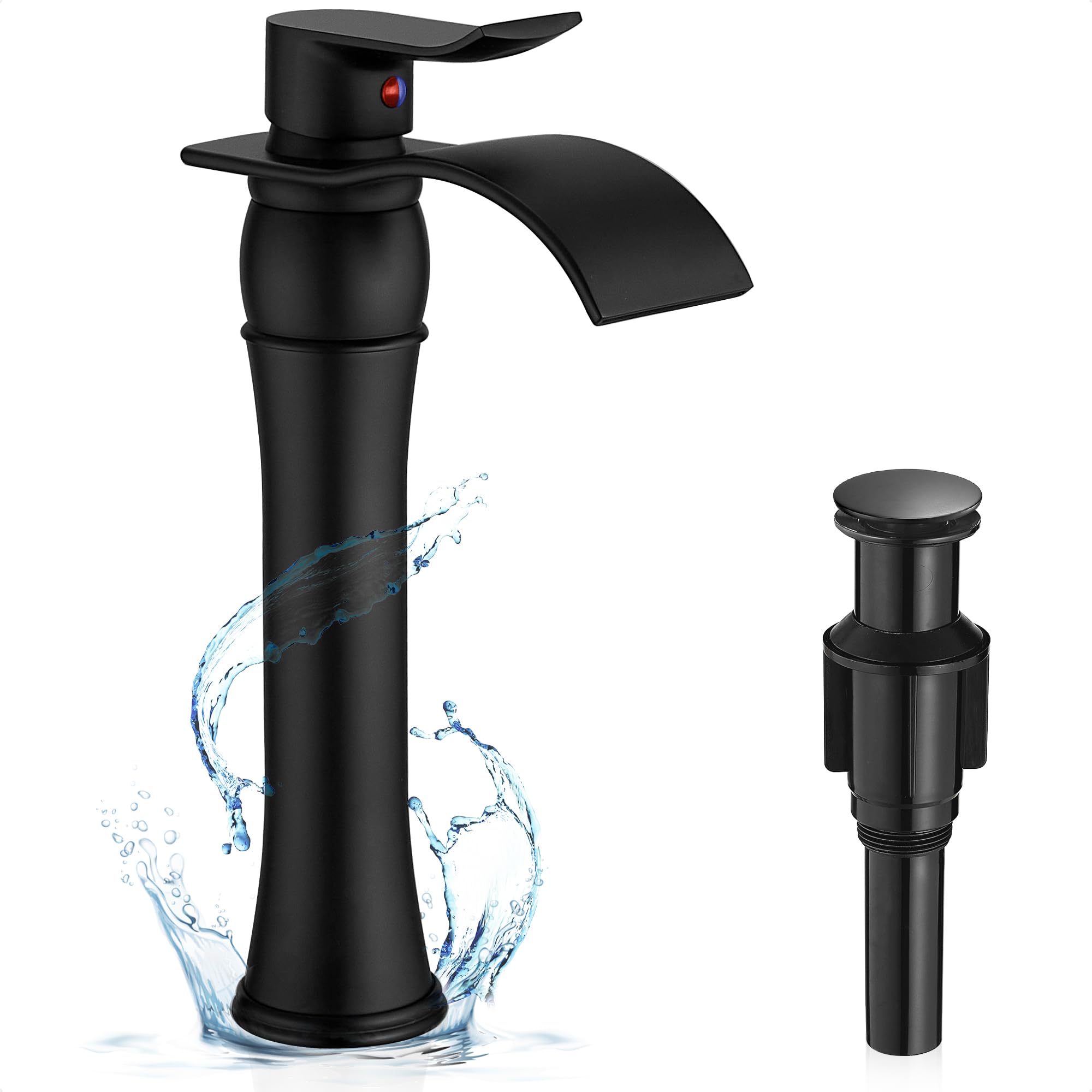 HOIGY Black Vessel Sink Faucet Single Handle, Brass Bathroom Faucets Waterfall, Modern Bathroom Faucet 1 Hole, Tall Faucet for Bathroom Sink with