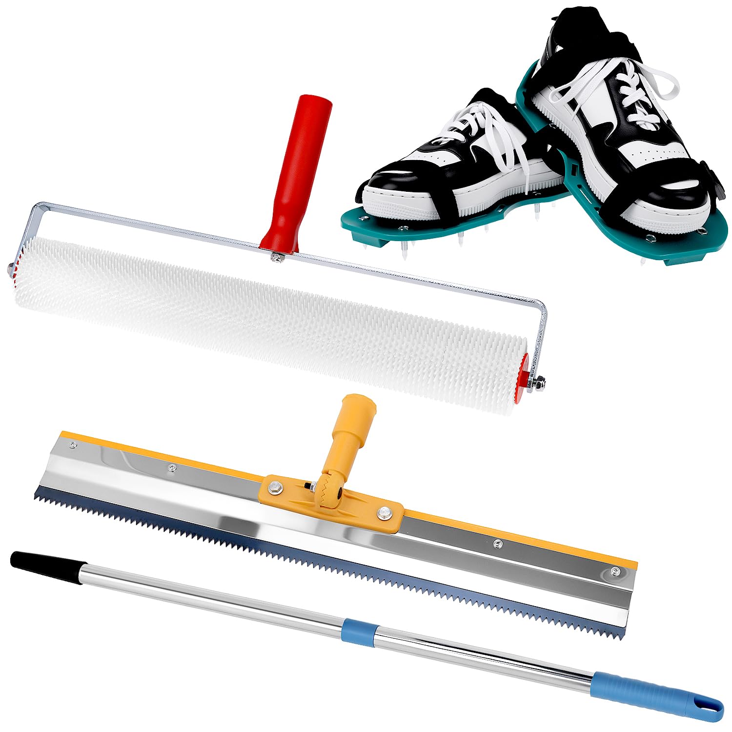 QWORK® Self-Levelling Cement Tool Kit, Epoxy Spike Shoes, 0.4-1.6m Telescopic Rod,50cmRoller Brush(Tooth Height 13mm),Stainless Steel Scraper