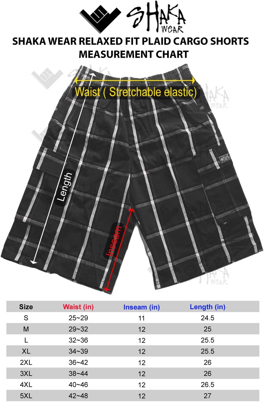 Shaka Wear Men's Cargo Shorts – Casual Plaid Relaxed Loose Fit Elastic Waist Multi Pocket Pants Regular Big S~5XL - Image 6