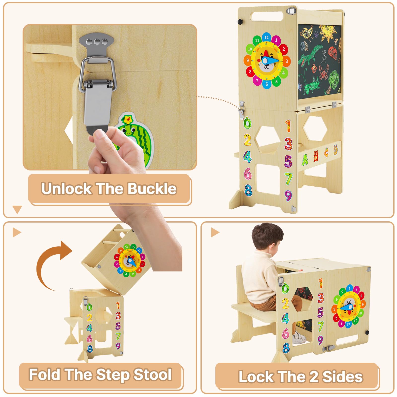Lernturm ab 1 Jahr | 4-in-1 Lernturm Klappbar für Kinder |Learning Tower mit Tafel und Lernuhr aus Holz | Küchenhocker für Kleinkinder | Aus Nachhaltigem Holz | Stabiler Montessori