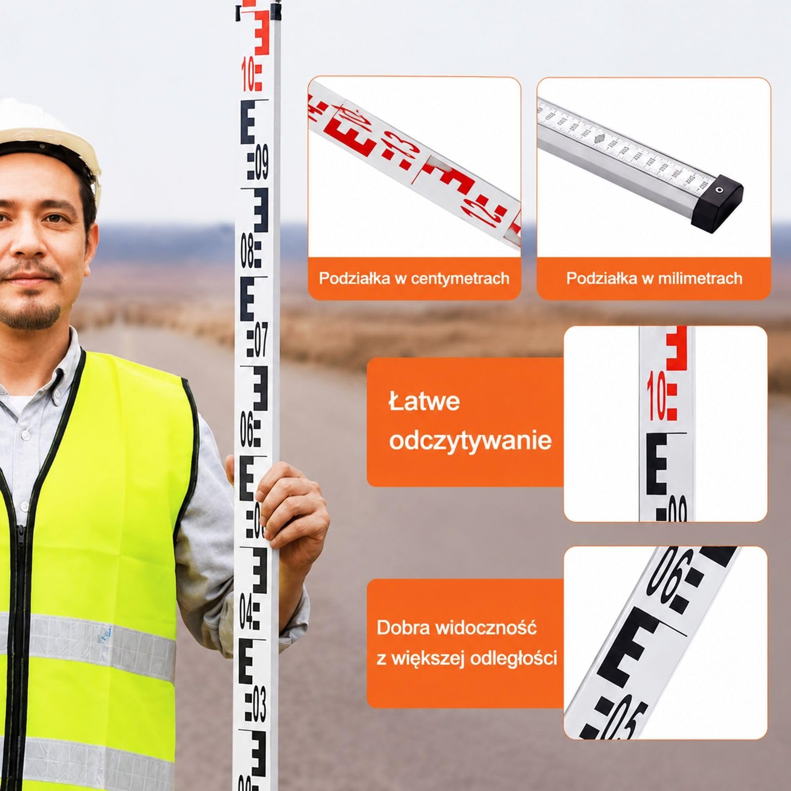 Aluminiowa łata pomiarowa, 5-metrowa teleskopowa łata pomiarowa, dwustronna skala cm/mm, łata niwelacyjna, aluminiowa łata geodezyjna z poziomicą i torbą transportową do pomiaru domów, ścian, pod