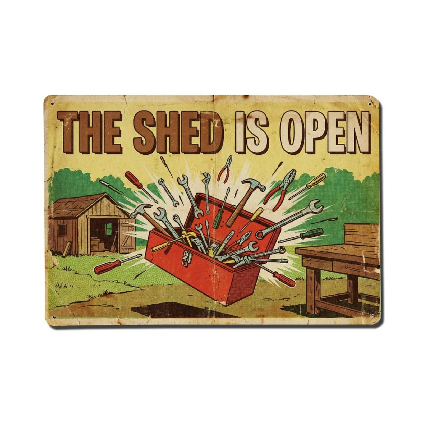 Shed Open Worker Welcome Tools Workshop Repair Service Metal Tin Sign Plaque Wall Decor for Cafe, Man Cave, Club Bar, Office, Home Garden Round Metal Poster 8x12Inch