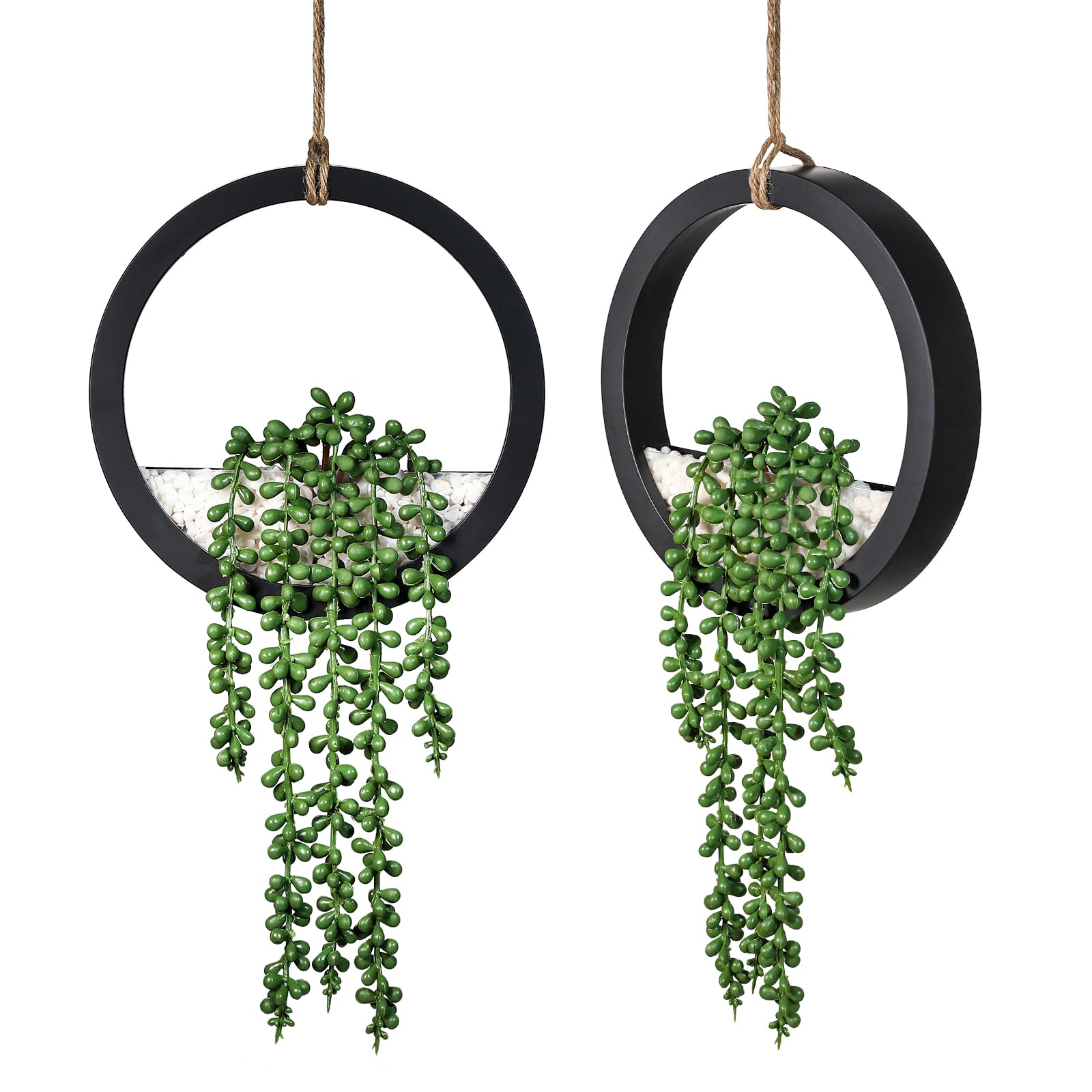 LUWENER 2 Pack 12.2" Artificial Hanging Succulents, Black Frame