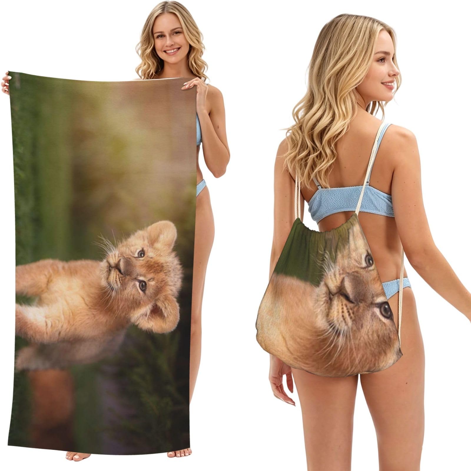 WSHFFILO Art Lion printed 2 in 1 Packable Towel Bag Bath Towel Beach Towel