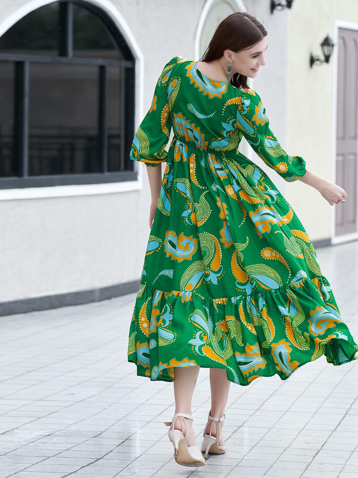 Selvia Western Dress For Women|Crepe Dress For Women|A-Line Dress|Printed Dress For Women|One Piece Dress For Women (715Dtk7935N-M_Green & Multi)