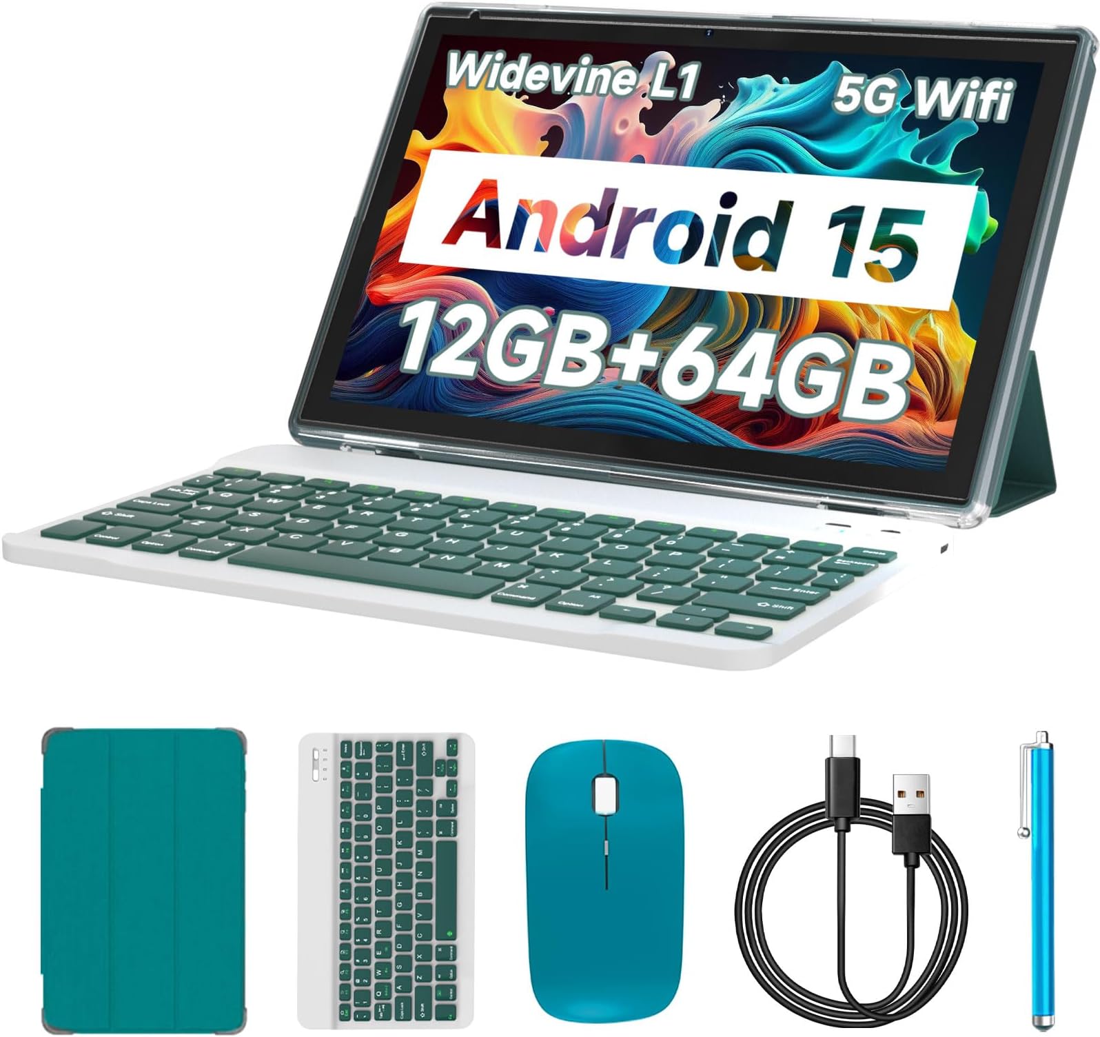 Tablet with Keyboard, 2026 Latest 10.1 inch 2 in 1 Tablets, 12GB RAM+64GB ROM, Android 15 Tablet PC, 1.8GHz Quad-core, 1280*800 FHD, 8MP Dual Camera, 5G WiFi BT 5.0 | Mouse| Case| Stylus| Type-c Cable
